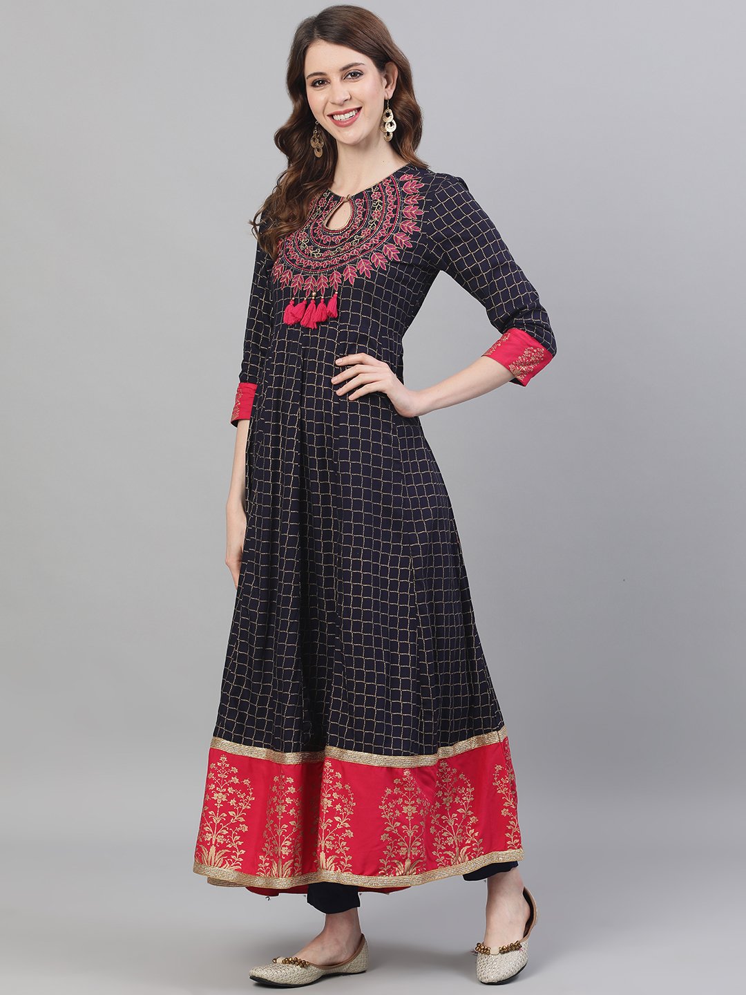 Ishin Women's Rayon Navy Blue Embroidered Anarkali Kurta