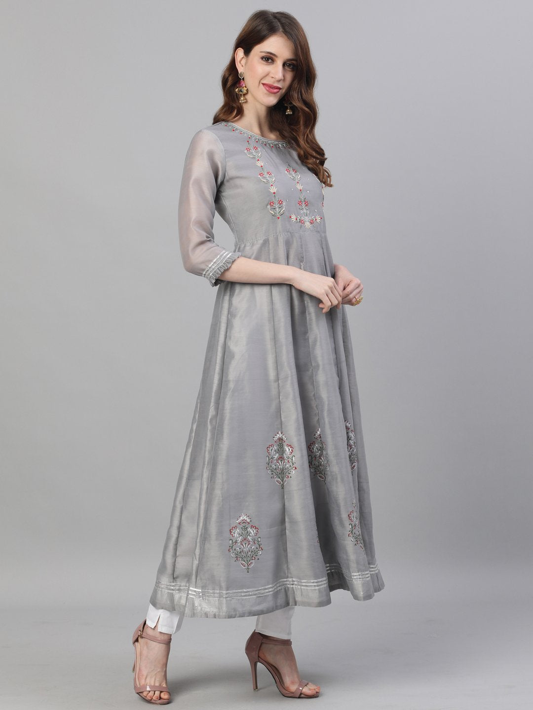 Ishin Women's Chanderi Silk Grey Embroidered Anarkali Kurta