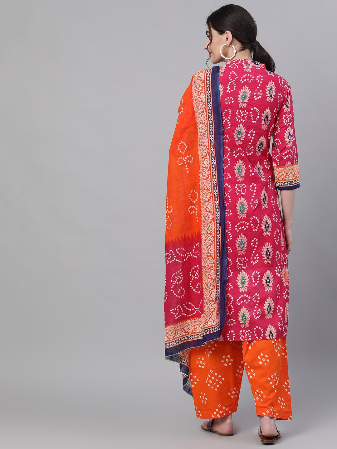 Ishin Women's Cotton Pink & Orange Bandhani Printed A-Line Kurta Salwar Dupatta Set