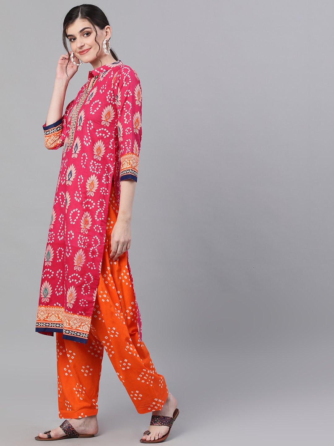 Ishin Women's Cotton Pink & Orange Bandhani Printed A-Line Kurta Salwar Dupatta Set