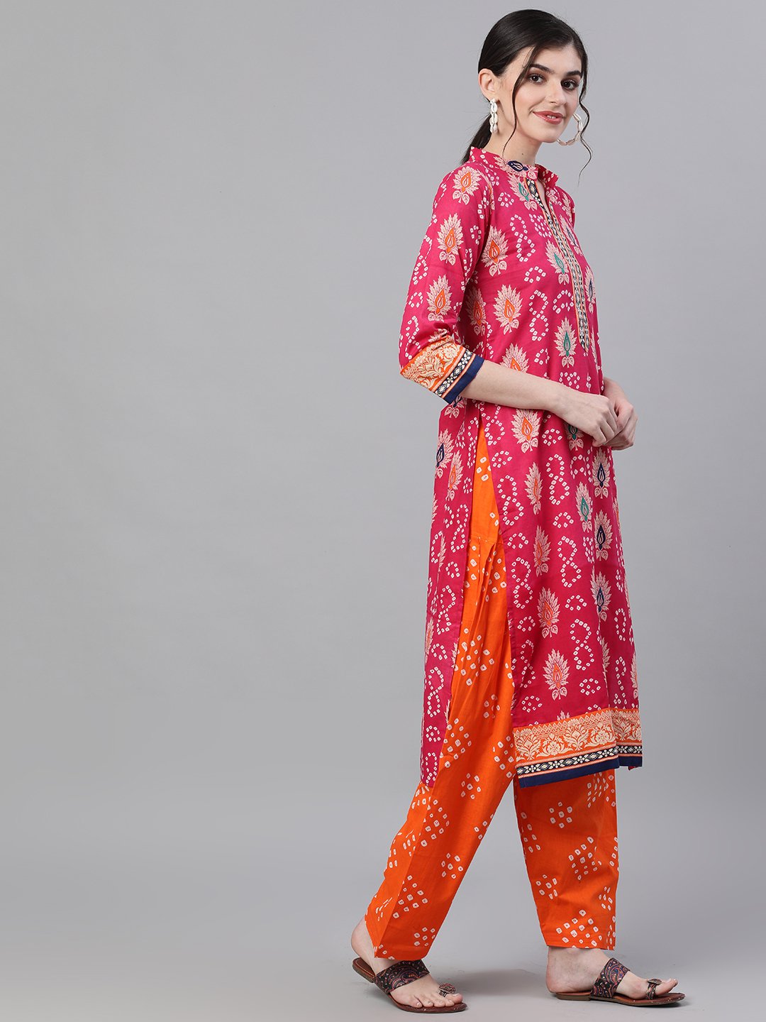 Ishin Women's Cotton Pink & Orange Bandhani Printed A-Line Kurta Salwar Dupatta Set