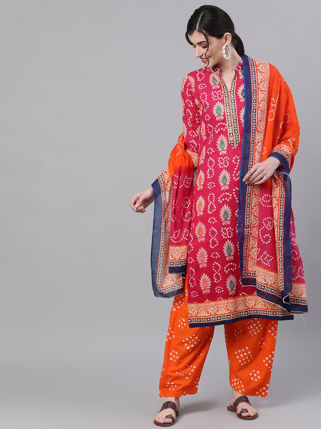 Ishin Women's Cotton Pink & Orange Bandhani Printed A-Line Kurta Salwar Dupatta Set