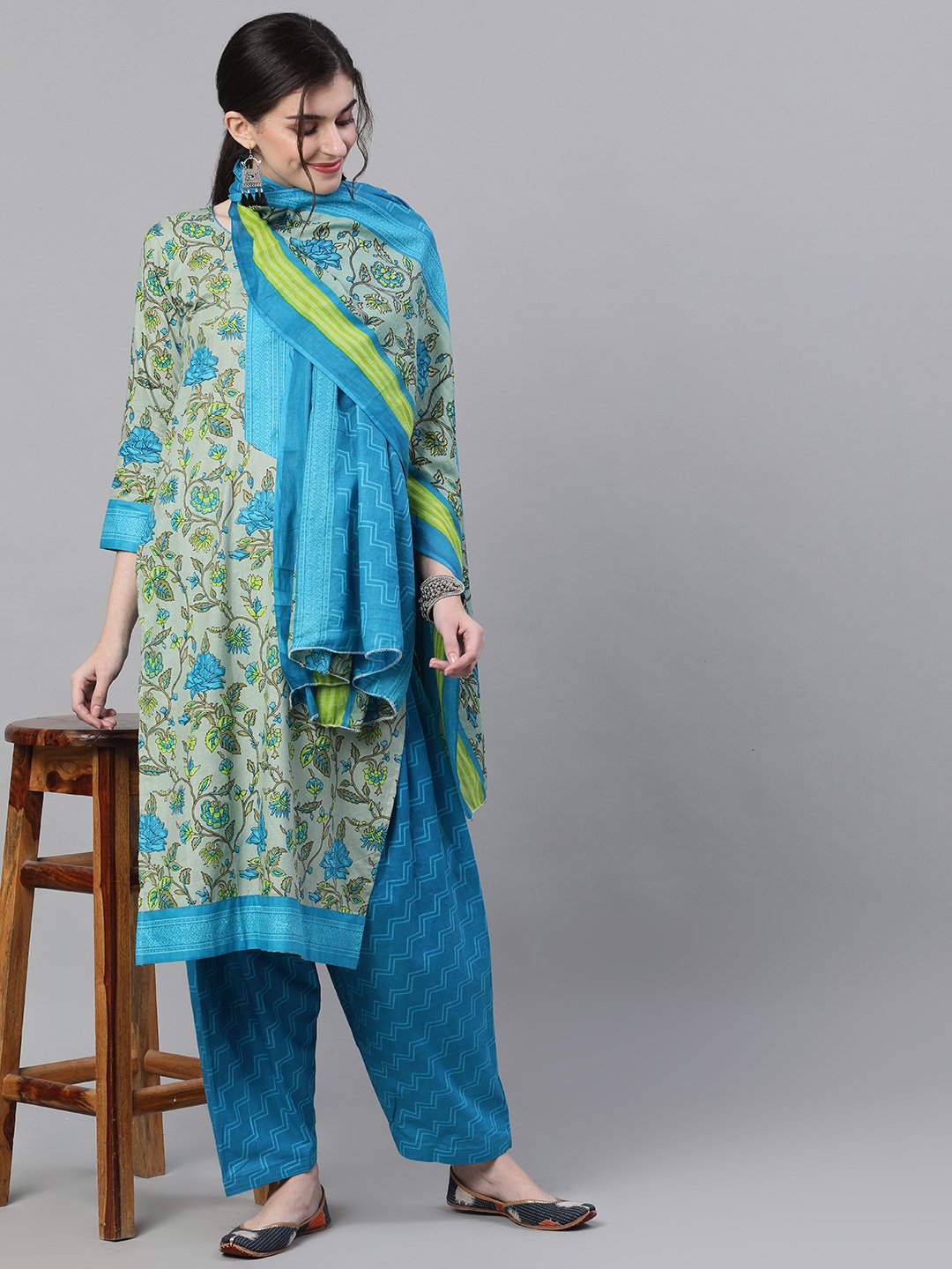 Ishin Women's Cotton Grey & Sky Blue Printed A-Line Kurta Salwar Dupatta Set