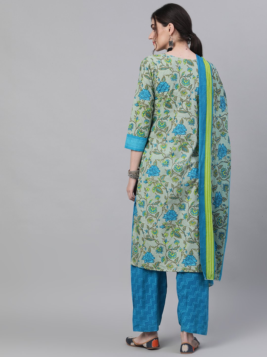 Ishin Women's Cotton Grey & Sky Blue Printed A-Line Kurta Salwar Dupatta Set