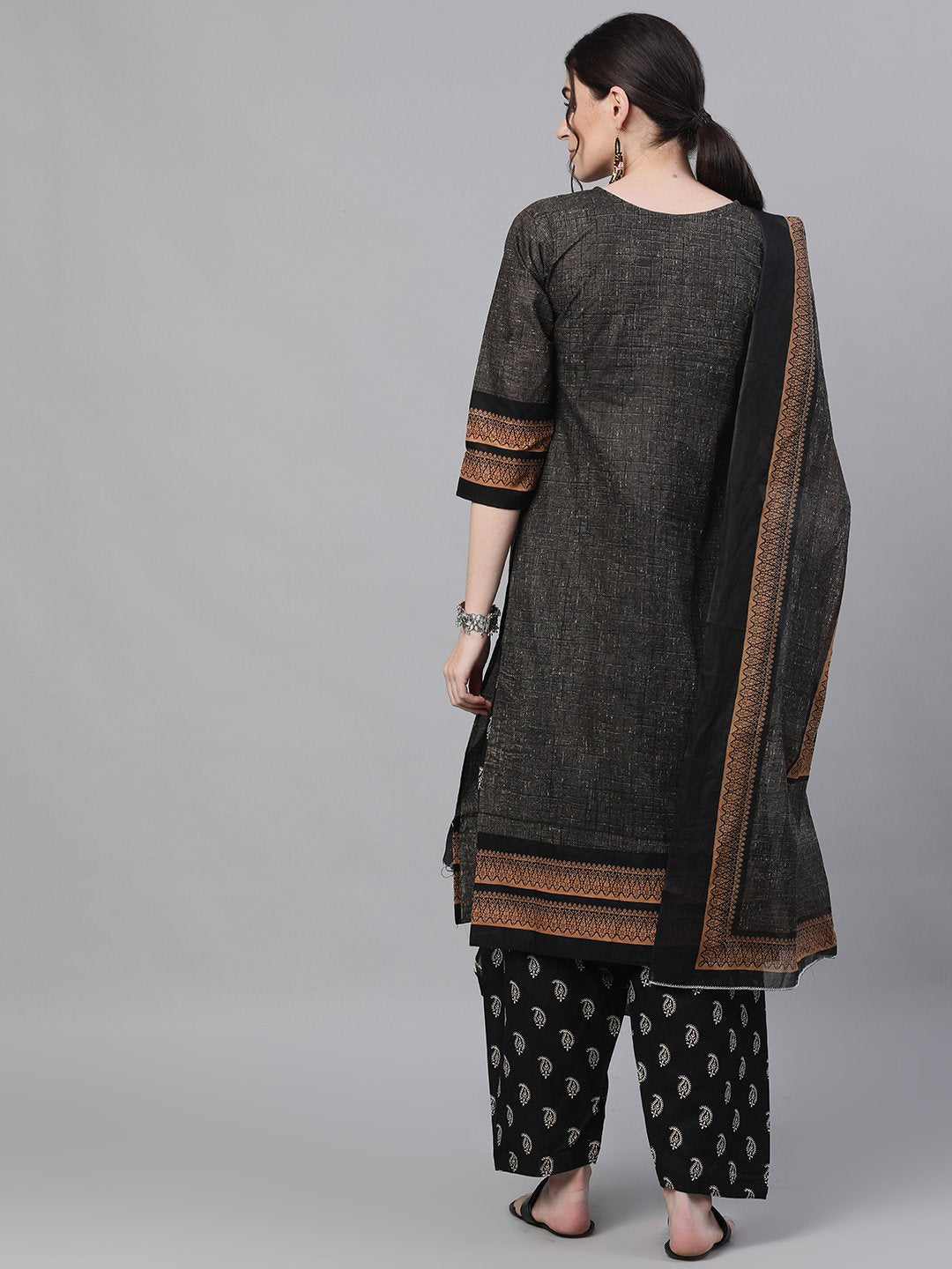 Ishin Women's Cotton Grey & Black Printed A-Line Kurta Salwar Dupatta Set