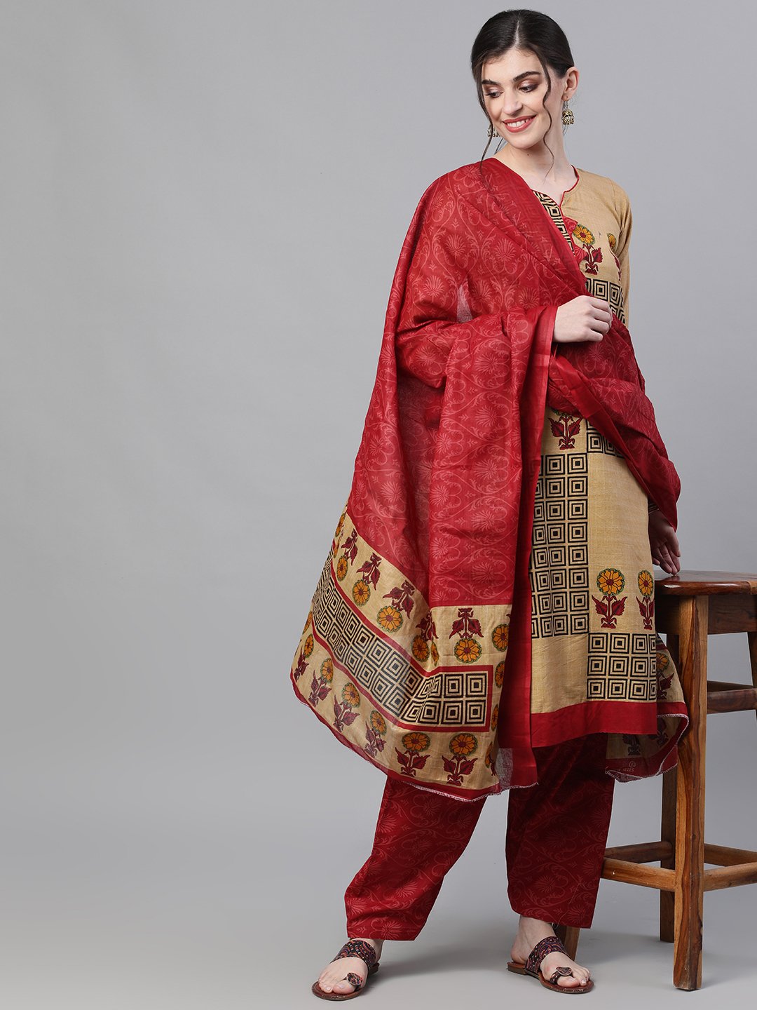 Ishin Women's Cotton Beige & Red Printed A-Line Kurta Salwar Dupatta Set