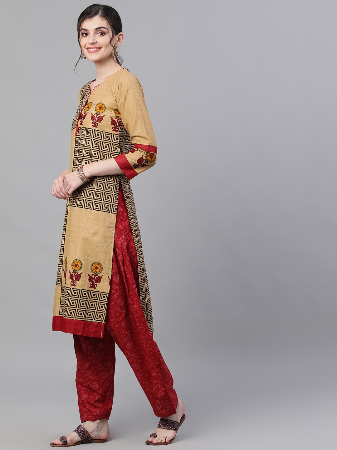 Ishin Women's Cotton Beige & Red Printed A-Line Kurta Salwar Dupatta Set