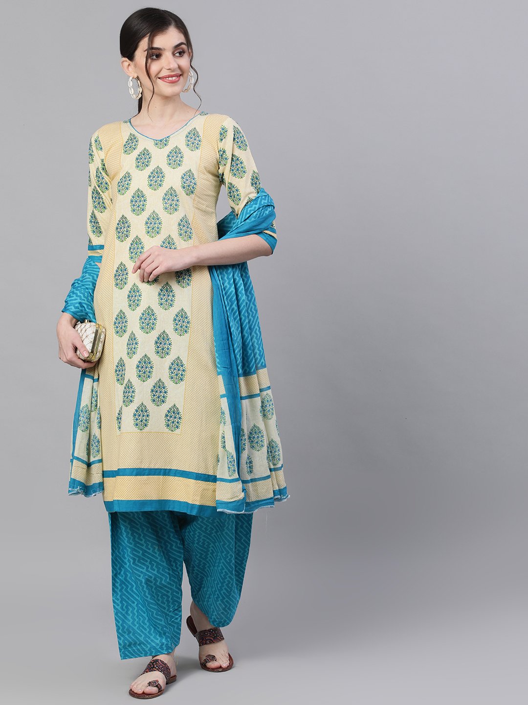 Ishin Women's Cotton Beige & Blue Printed A-Line Kurta Salwar Dupatta Set