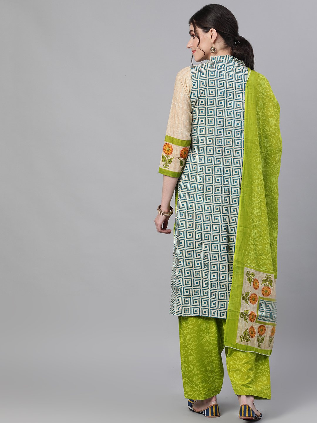 Ishin Women's Cotton Beige & Green Printed A-Line Kurta Salwar Dupatta Set