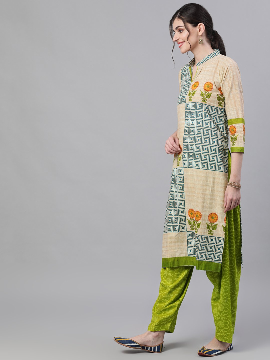 Ishin Women's Cotton Beige & Green Printed A-Line Kurta Salwar Dupatta Set