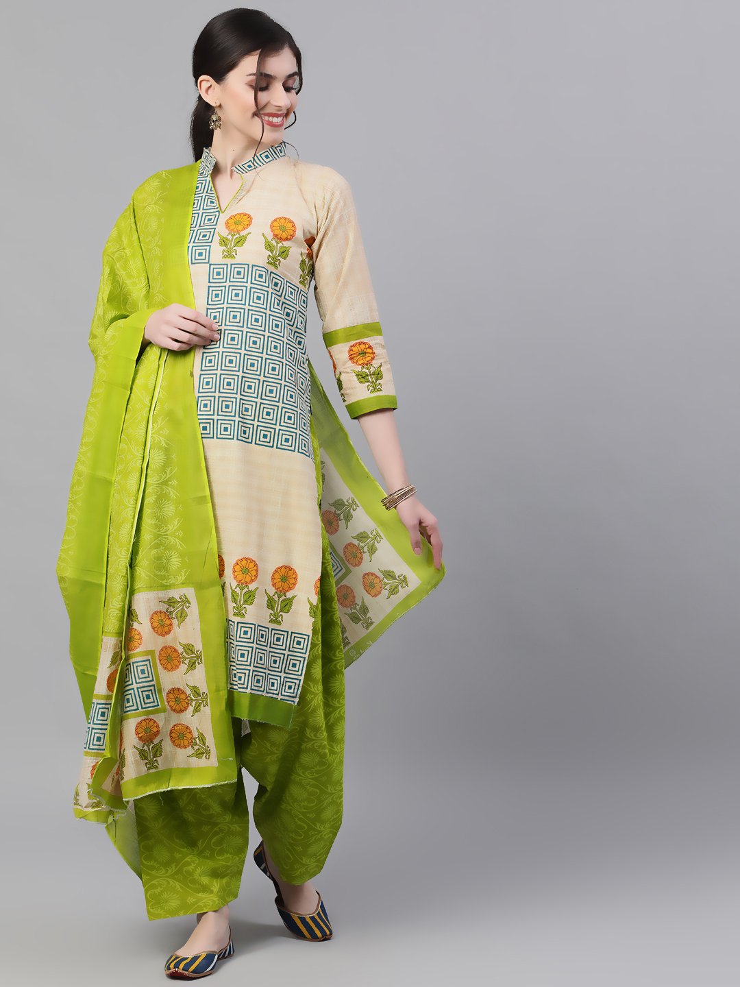 Ishin Women's Cotton Beige & Green Printed A-Line Kurta Salwar Dupatta Set