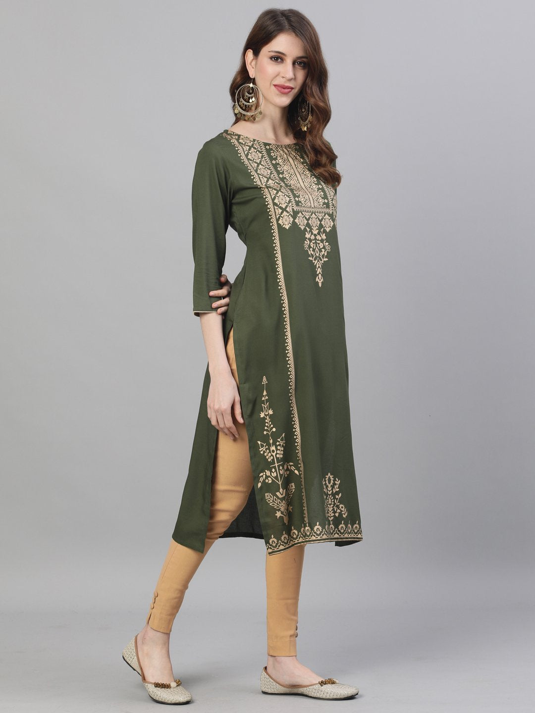 Ishin Women's Rayon Green Foil Printed A-Line Kurta