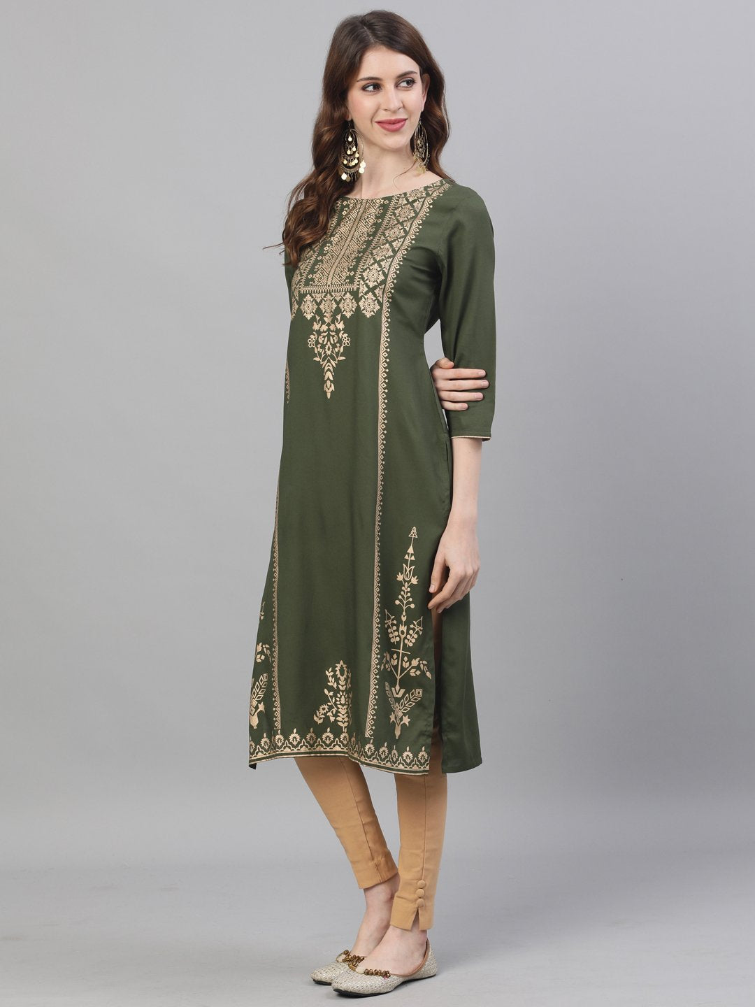 Ishin Women's Rayon Green Foil Printed A-Line Kurta