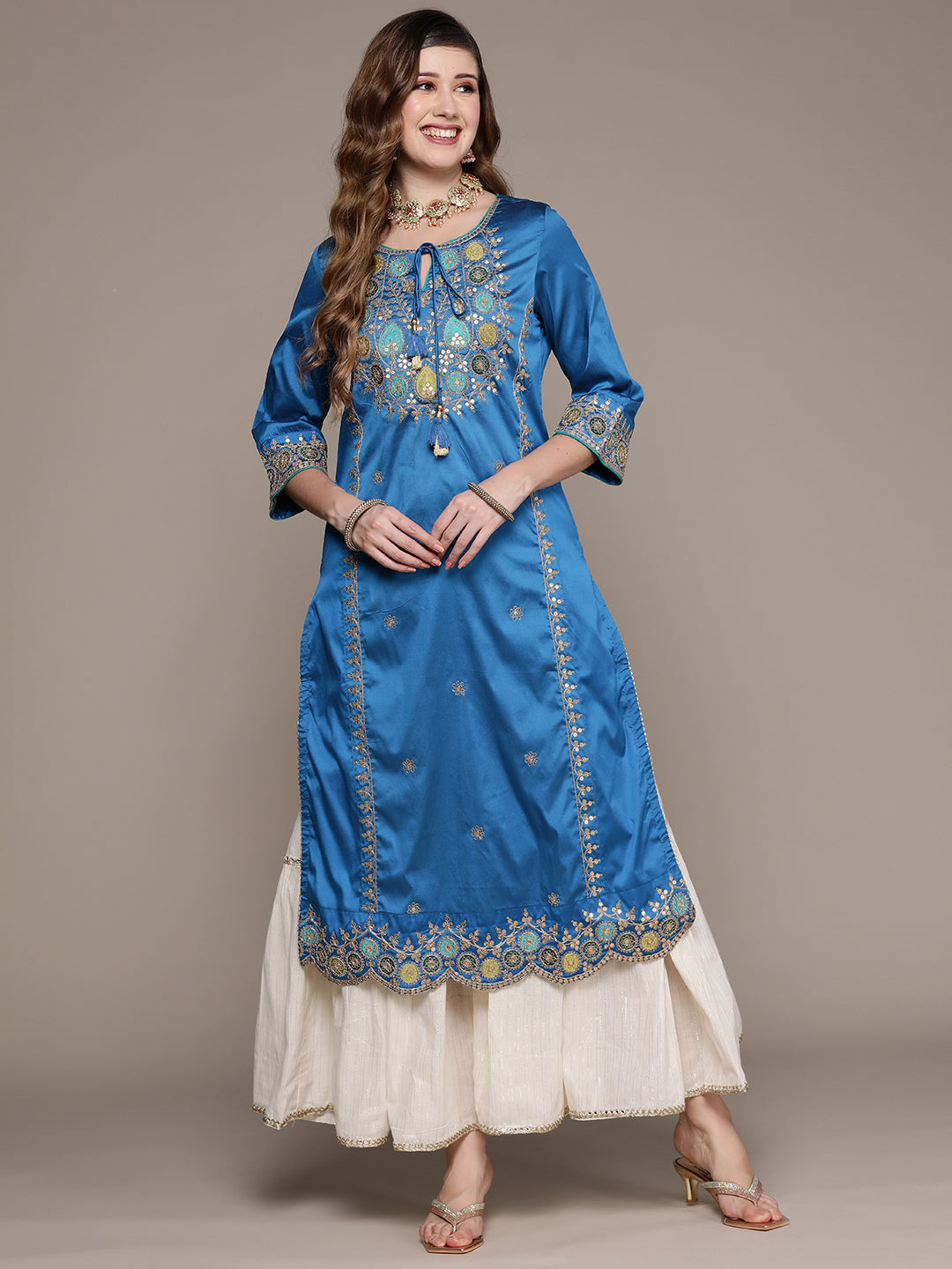 Ishin Women's Silk Blend Blue Embroidered A-Line Kurta