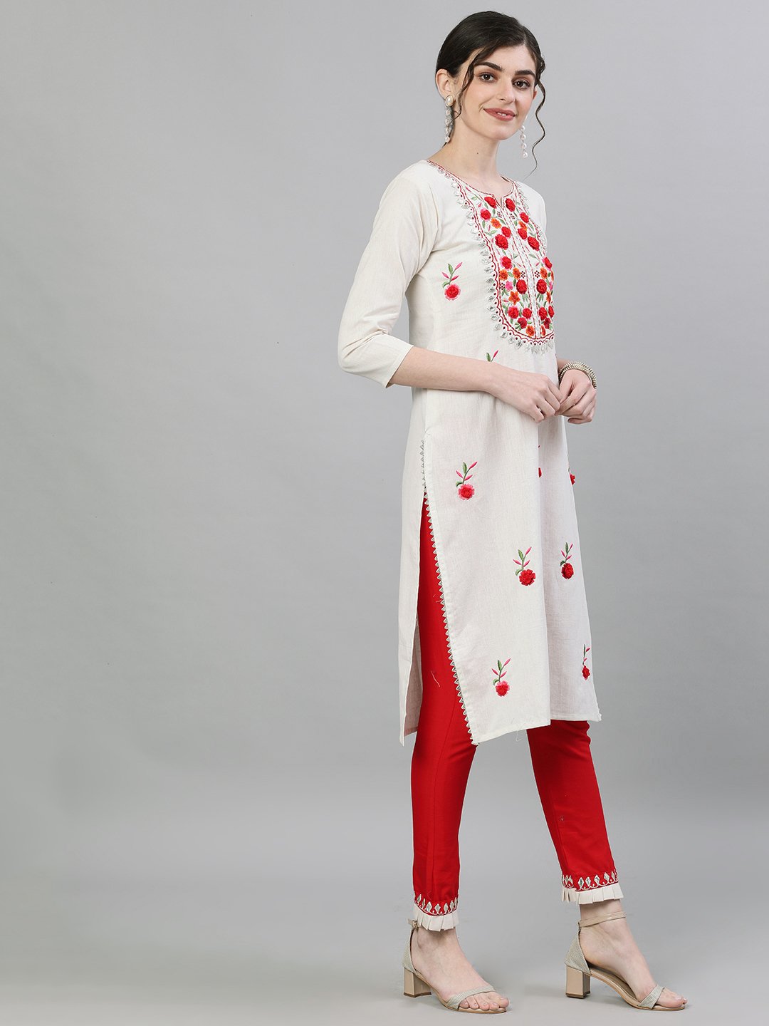 Ishin Women's Cotton Off White & Red Embroidered Straight Kurta Trouser Set