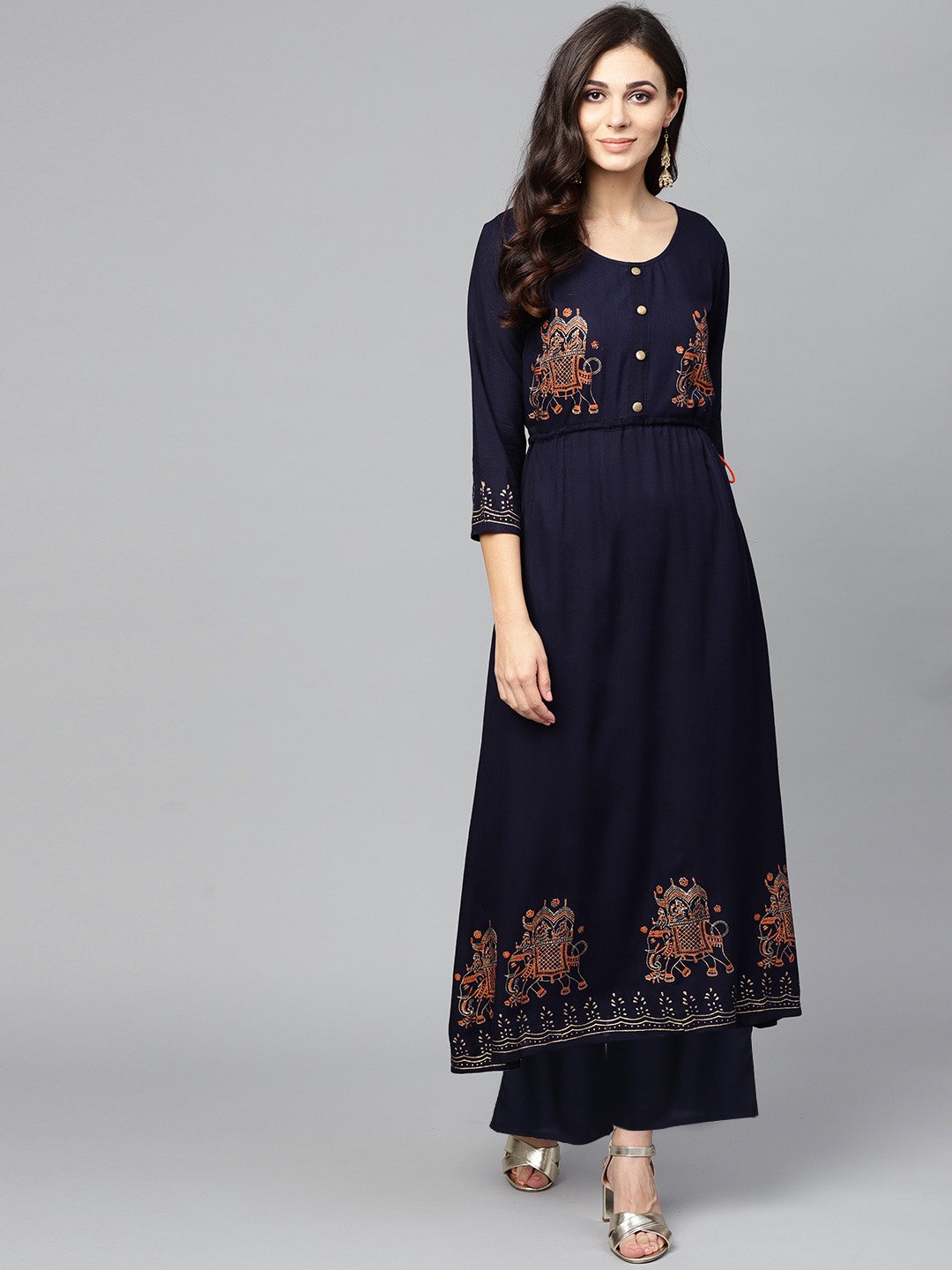 Ishin Women's Rayon Navy Blue Printed Anarkali Kurta