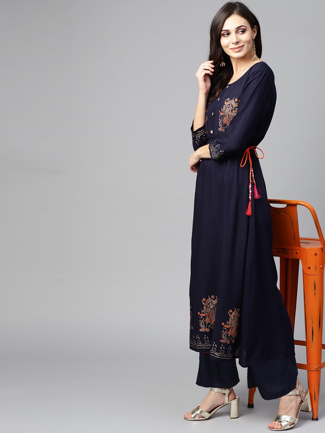 Ishin Women's Rayon Navy Blue Printed Anarkali Kurta