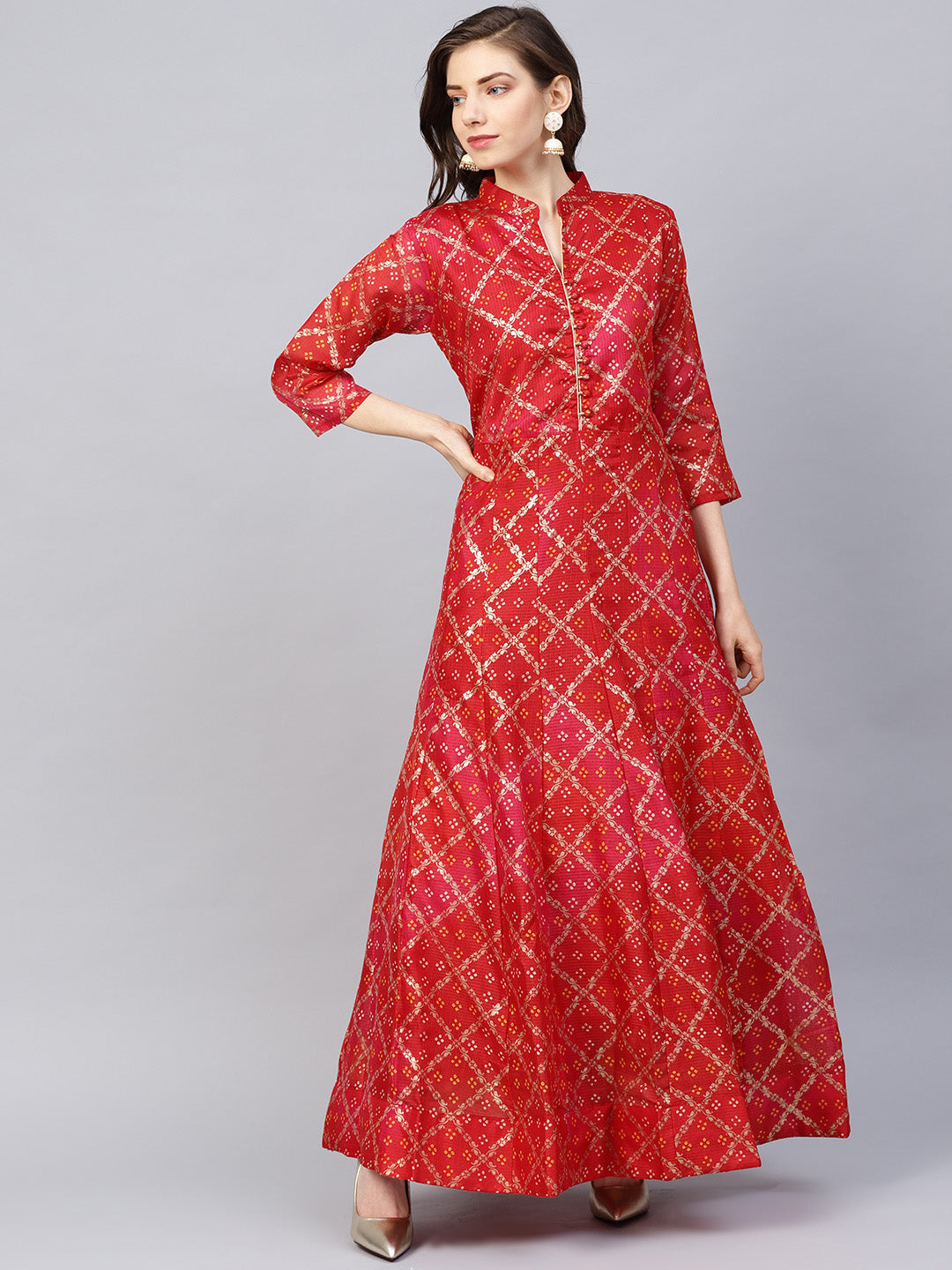 Ishin Women's Poly Silk Red Printed Anarkali Kurta