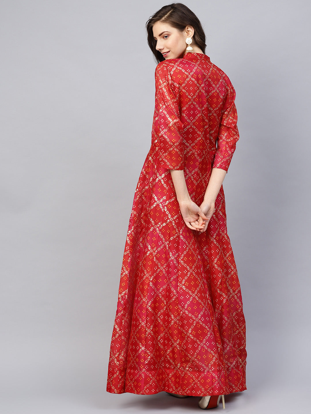 Ishin Women's Poly Silk Red Printed Anarkali Kurta