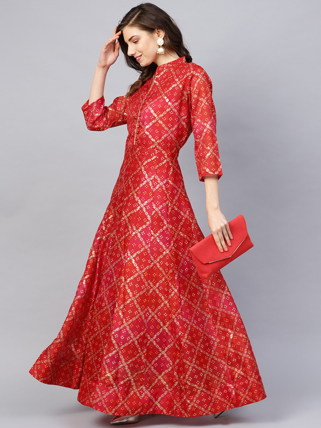 Ishin Women's Poly Silk Red Printed Anarkali Kurta