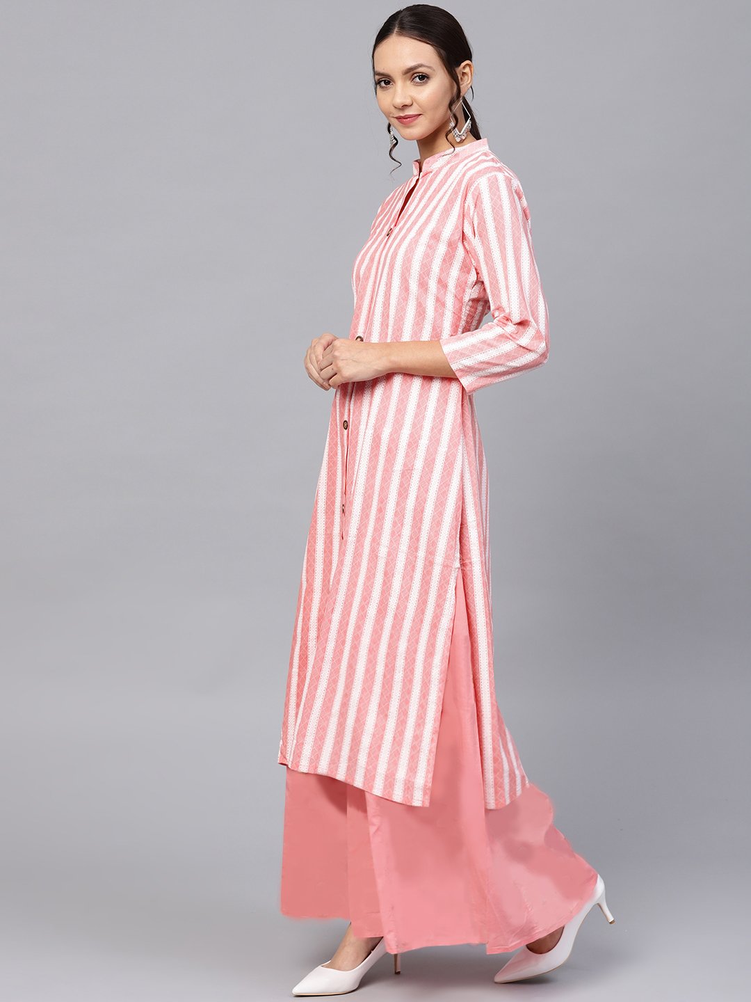 Ishin Women's Cotton Pink Printed A-Line Kurta