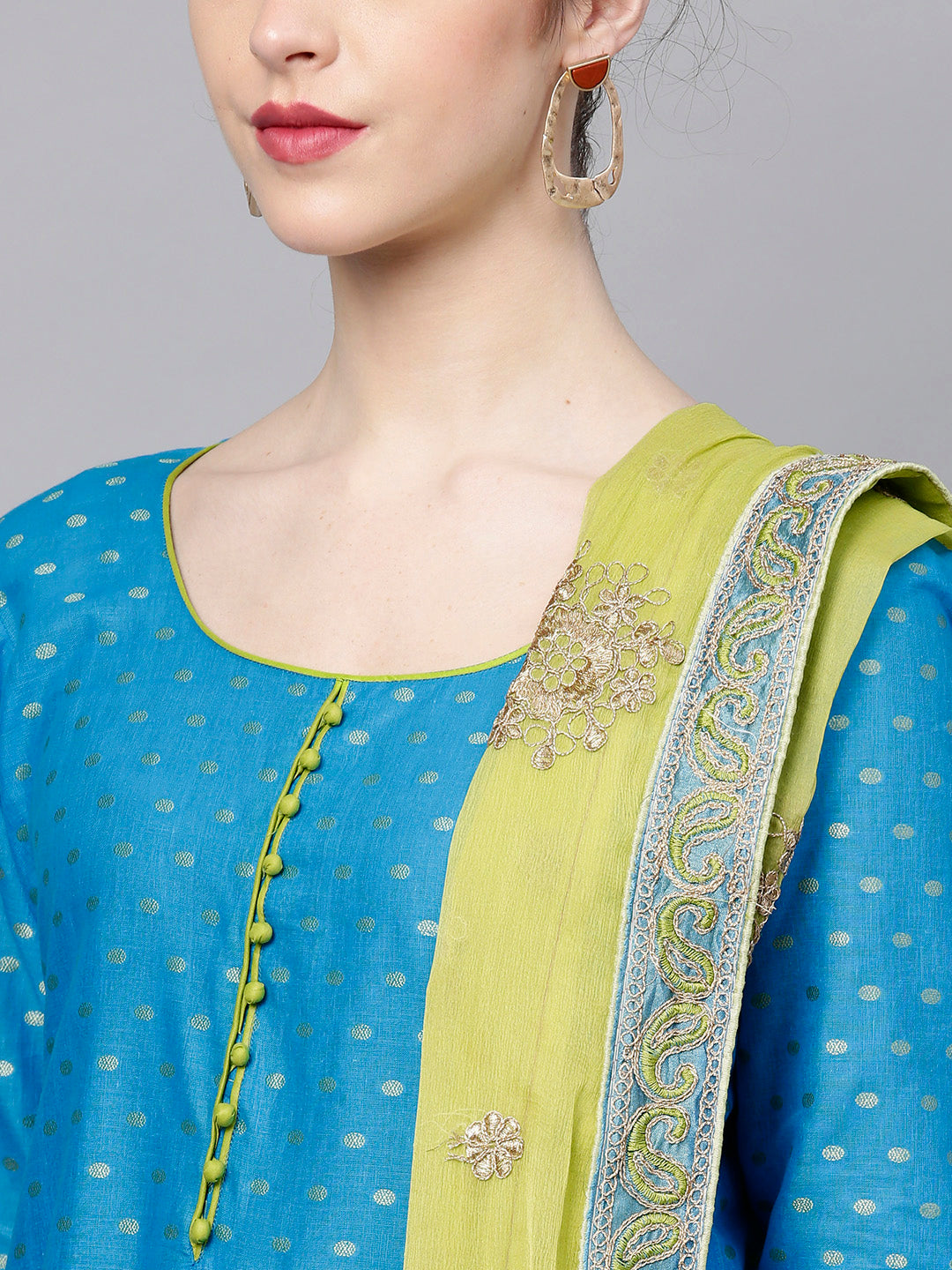 Ishin Women's Cotton Blue & Green Embroidered A-Line Kurta With Trouser & Dupatta