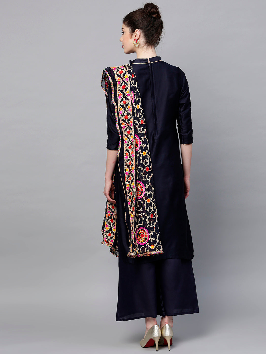 Ishin Women's Poly Cotton Navy Blue Embroidered A-Line Kurta With Palazzo & Dupatta