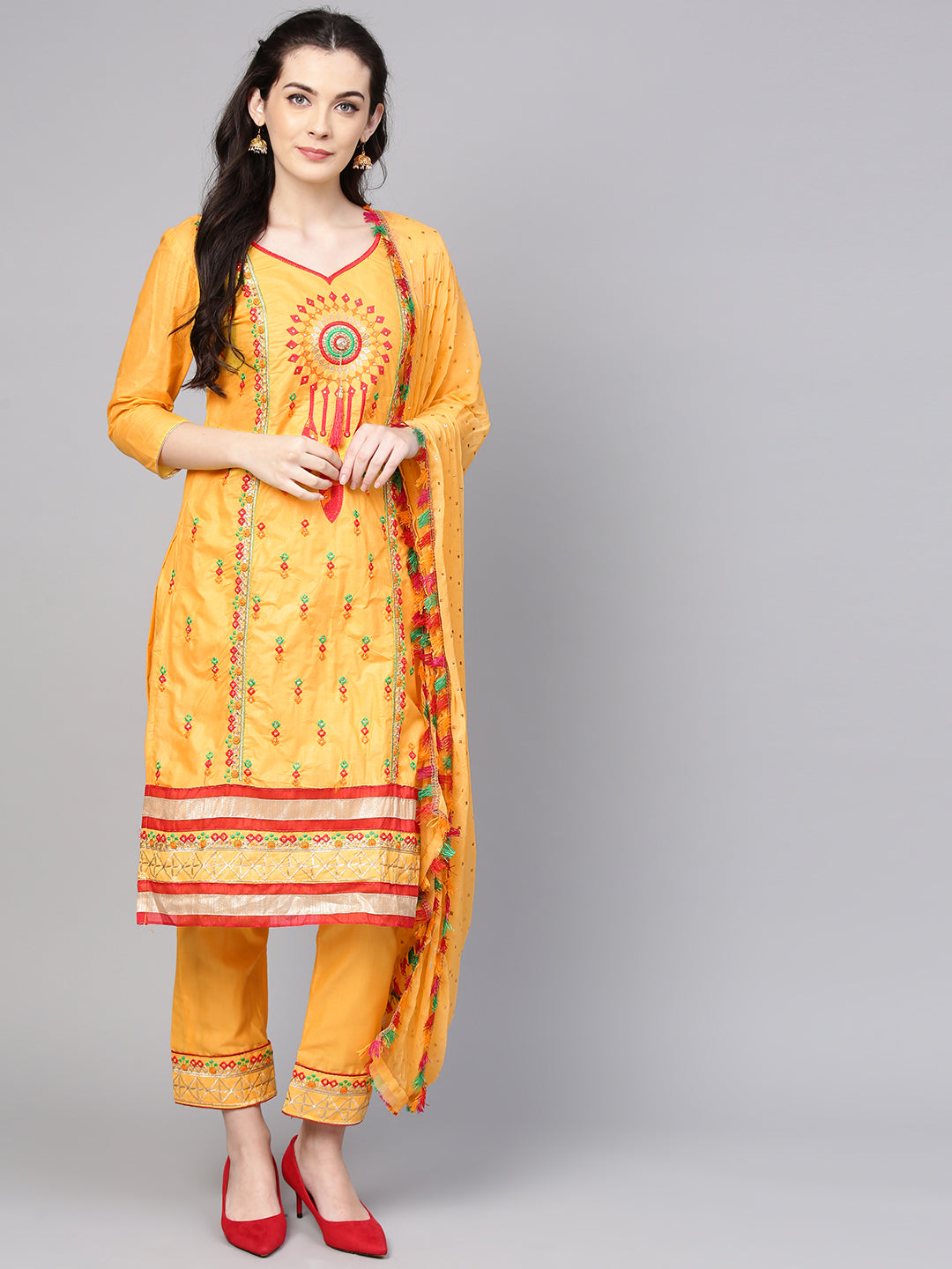 Ishin Women's Cotton Yellow Embroidered A-Line Kurta With Trouser & Dupatta