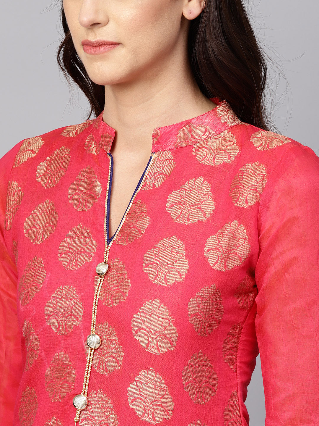  Ishin Women's Chanderi Silk Pink & Navy Blue Woven A-Line Kurta With Palazzo & Dupatta 