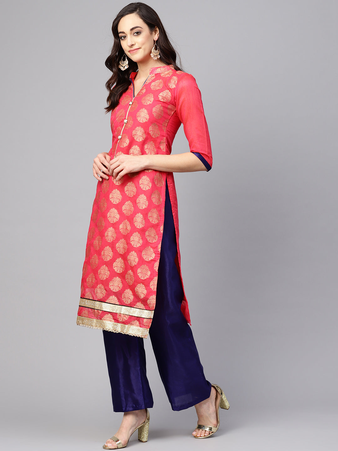  Ishin Women's Chanderi Silk Pink & Navy Blue Woven A-Line Kurta With Palazzo & Dupatta 