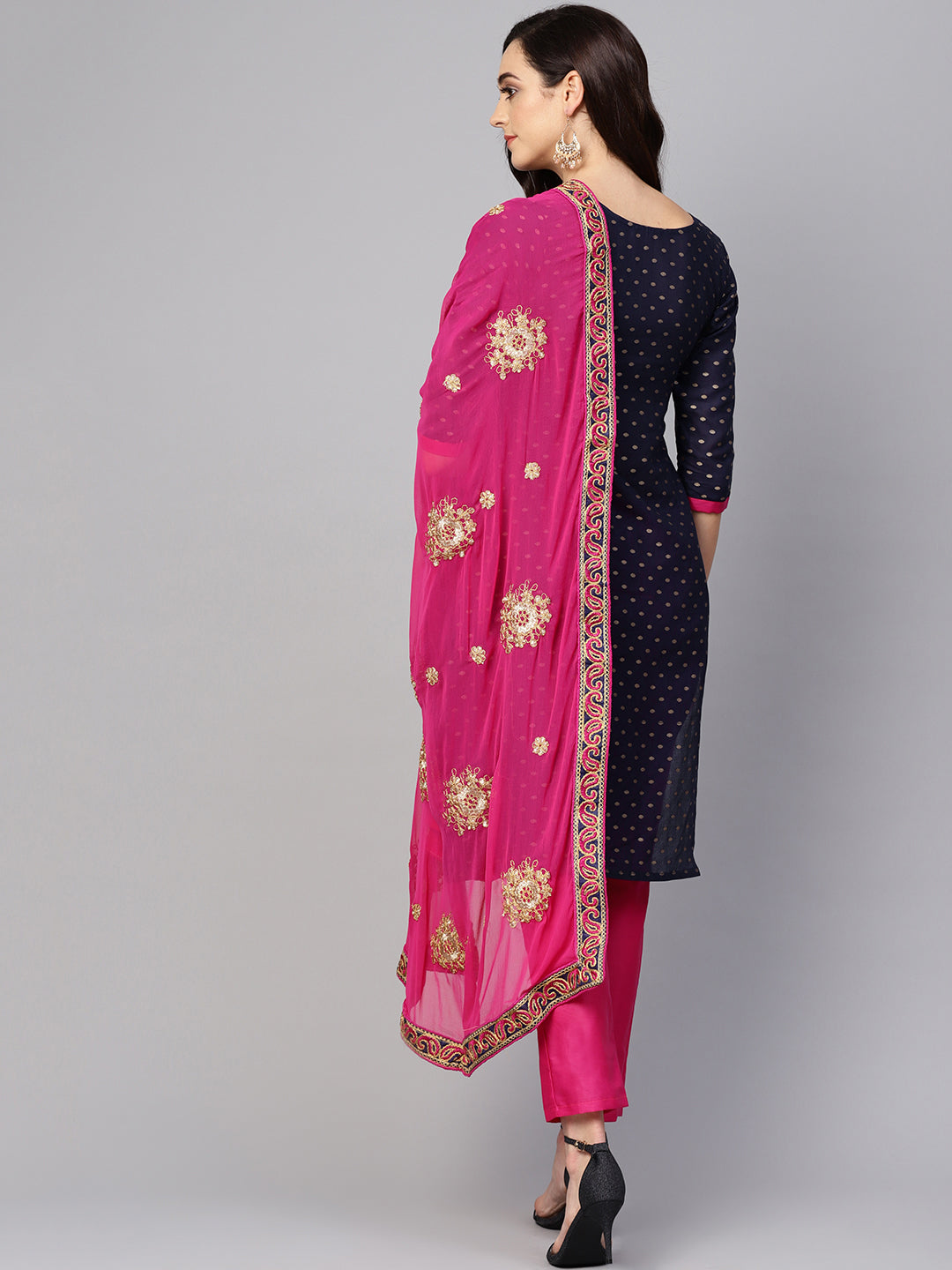  Ishin Women's Poly Cotton Navy Blue & Pink Embroidered A-Line Kurta With Trouser & Dupatta 