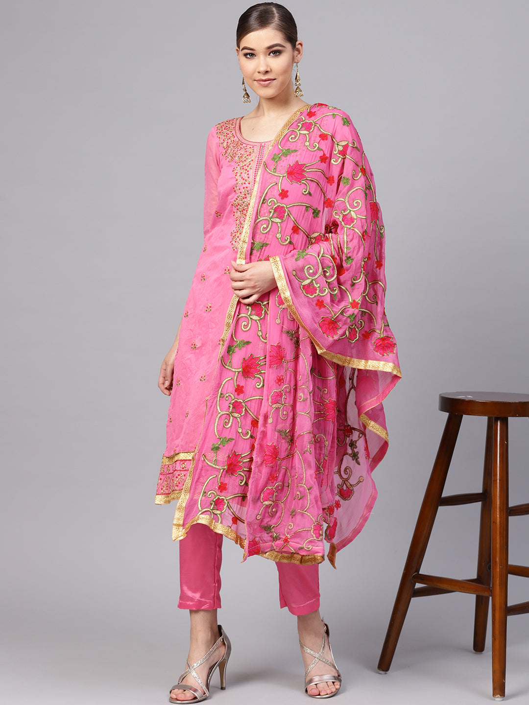  Ishin Women's Chanderi Silk Pink Embroidered A-Line Kurta With Trouser & Dupatta 