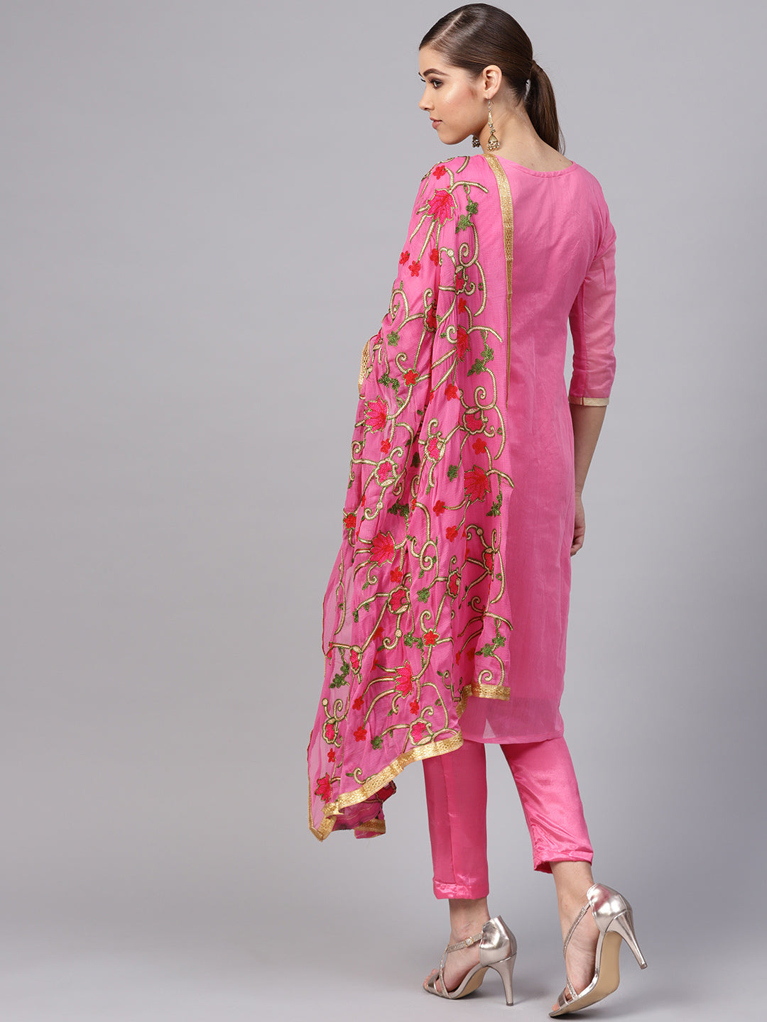  Ishin Women's Chanderi Silk Pink Embroidered A-Line Kurta With Trouser & Dupatta 