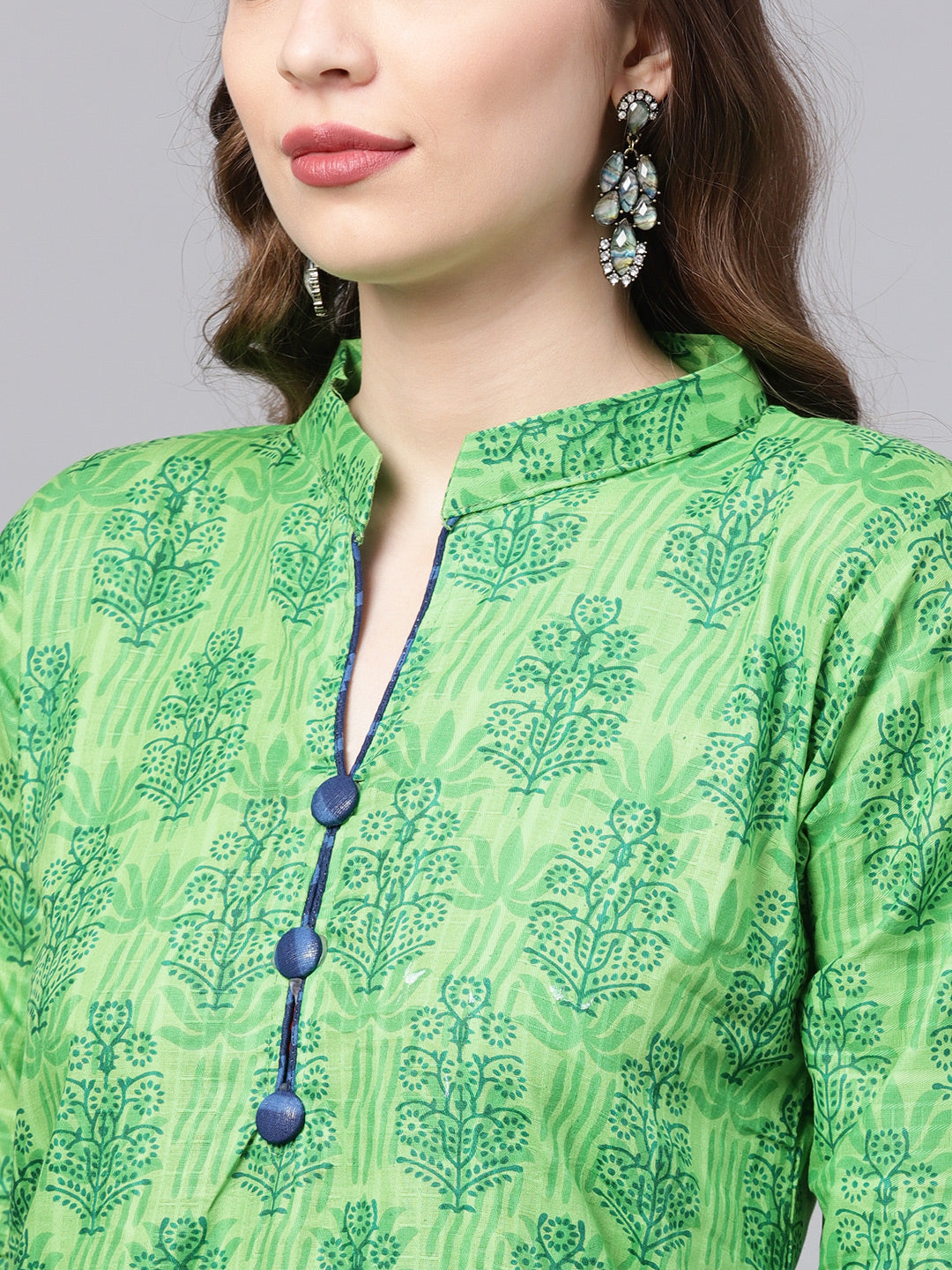  Ishin Women's Cotton Green & Blue Printed A-Line Kurta With Trouser & Dupatta 