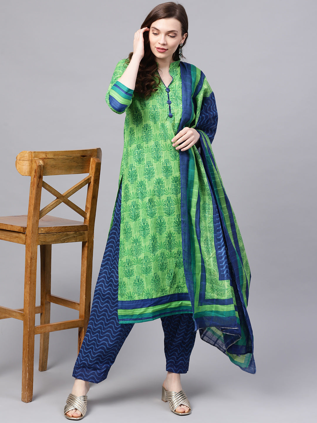  Ishin Women's Cotton Green & Blue Printed A-Line Kurta With Trouser & Dupatta 