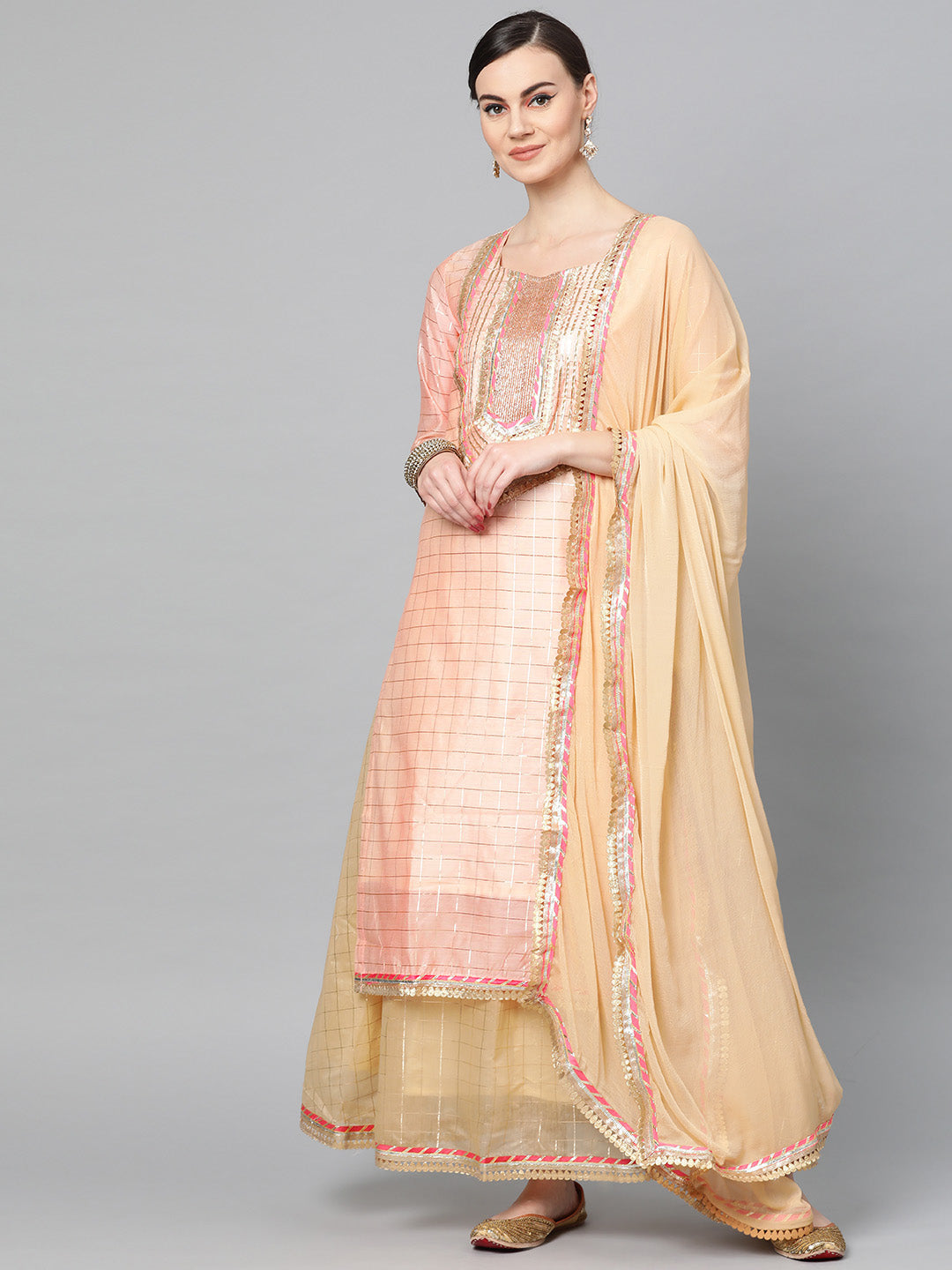 Ishin Women's Chanderi Silk Peach & Beige Embellished A-Line Kurta Skirt Dupatta Set