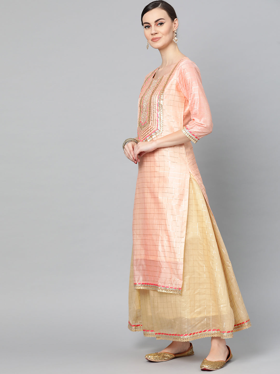 Ishin Women's Chanderi Silk Peach & Beige Embellished A-Line Kurta Skirt Dupatta Set