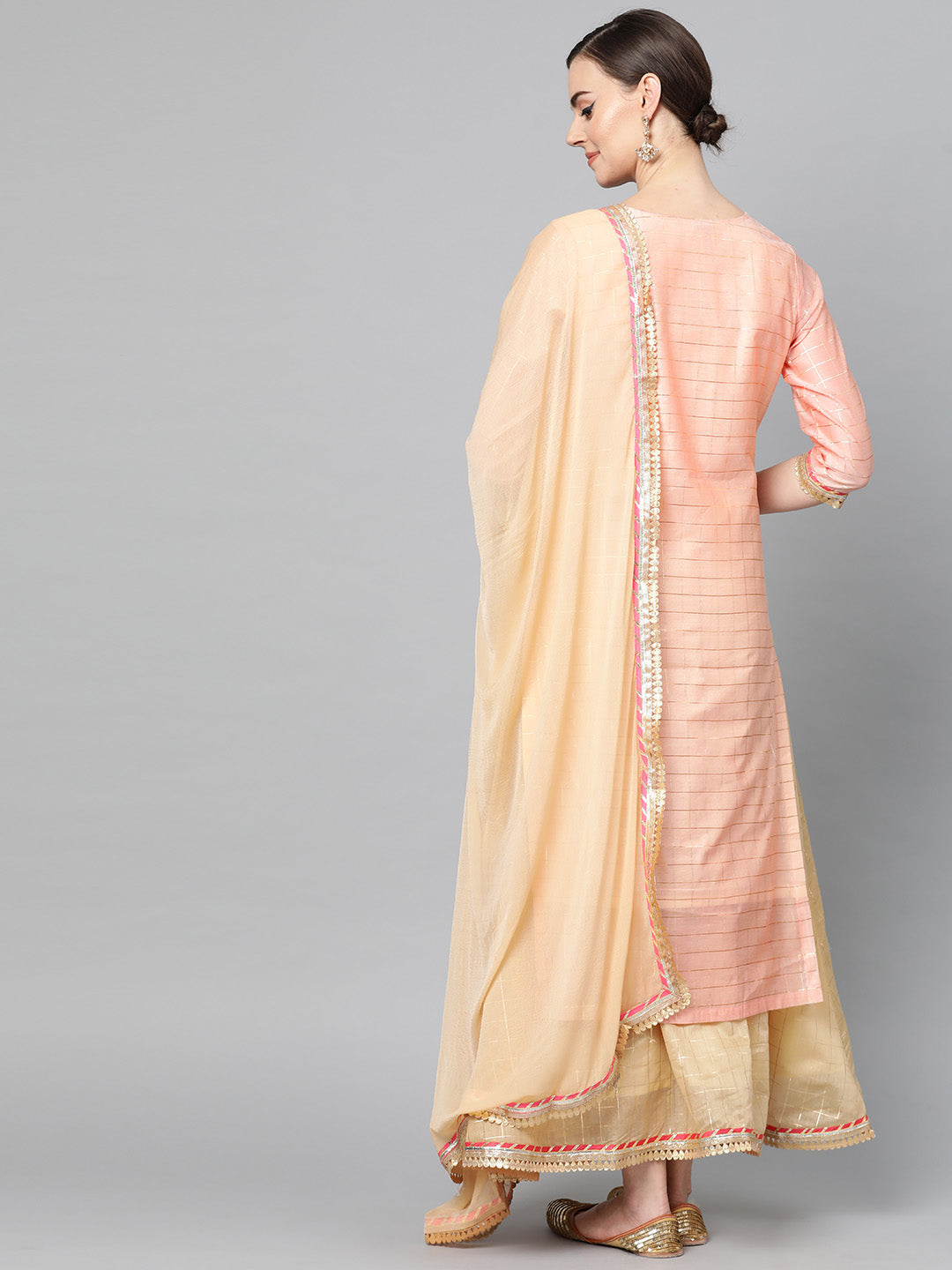 Ishin Women's Chanderi Silk Peach & Beige Embellished A-Line Kurta Skirt Dupatta Set