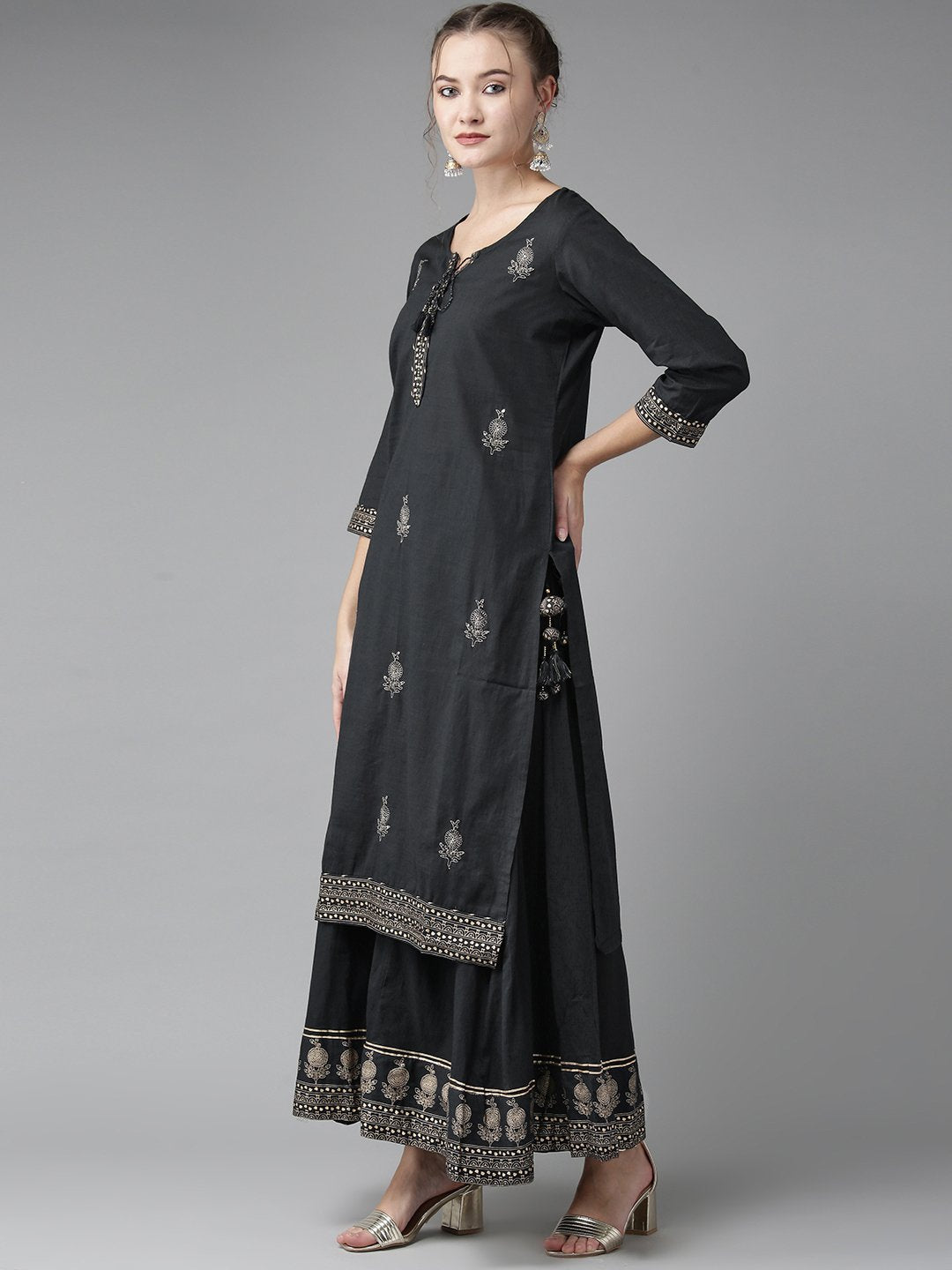 Ishin Women's Sequins Navy Blue Embellished A-Line Kurta Sharara Dupatta Set