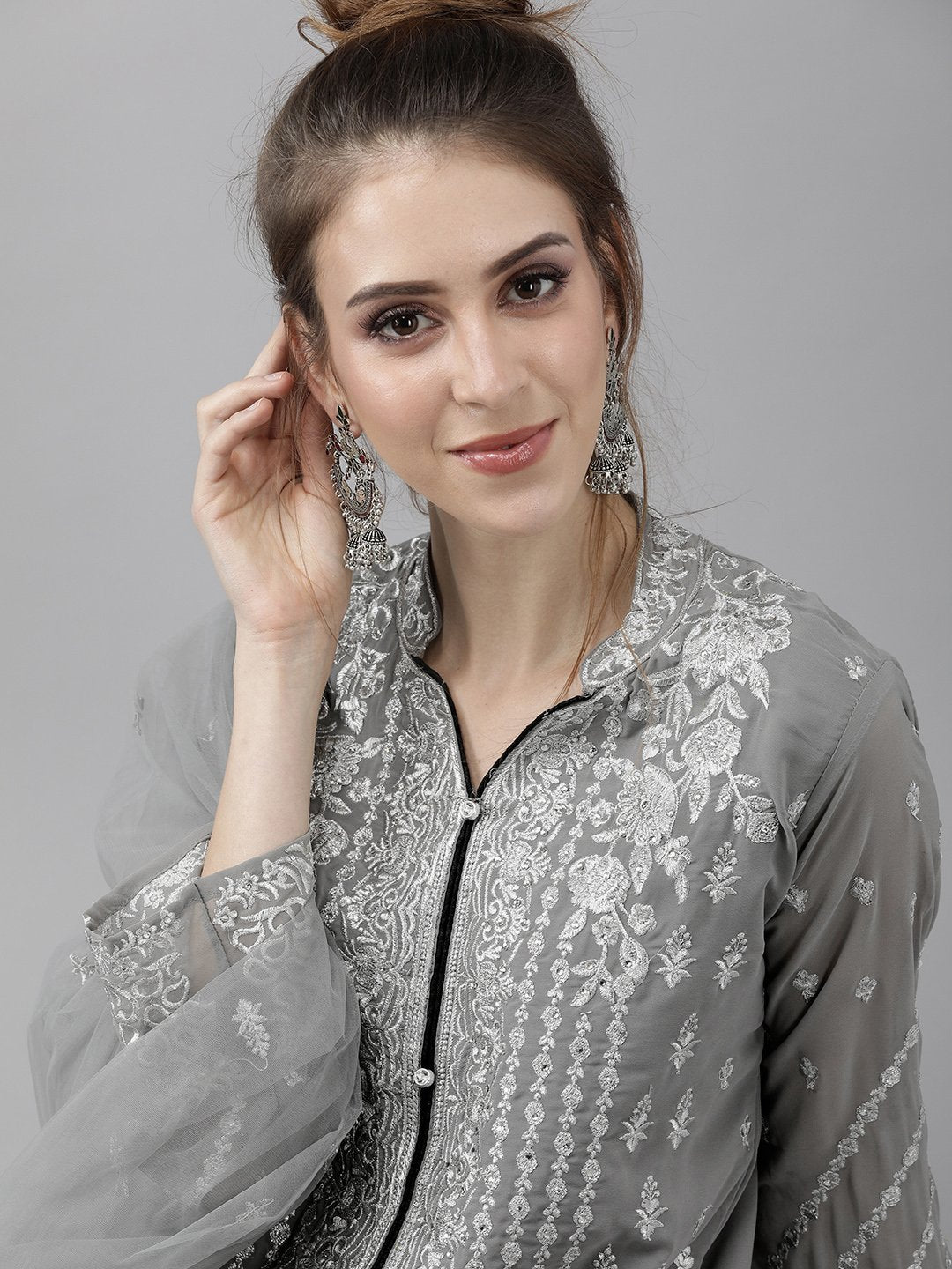 Ishin Women's Poly Georgette Grey & Black Embroidered A-Line Kurta Palazzo Dupatta Set