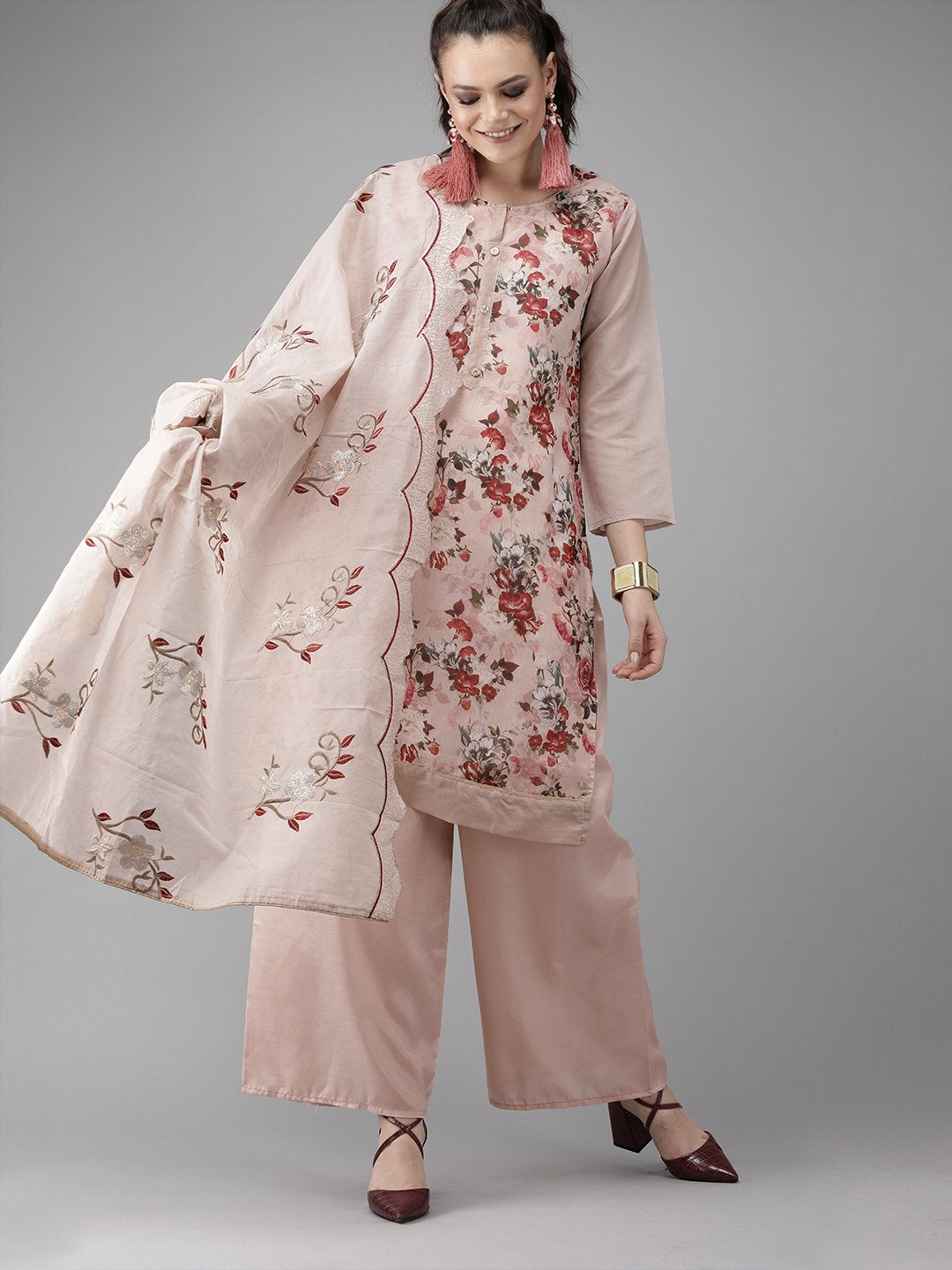 Ishin Women's Chanderi Peach Floral Printed A-Line Kurta Palazzo With Embroidered Dupatta