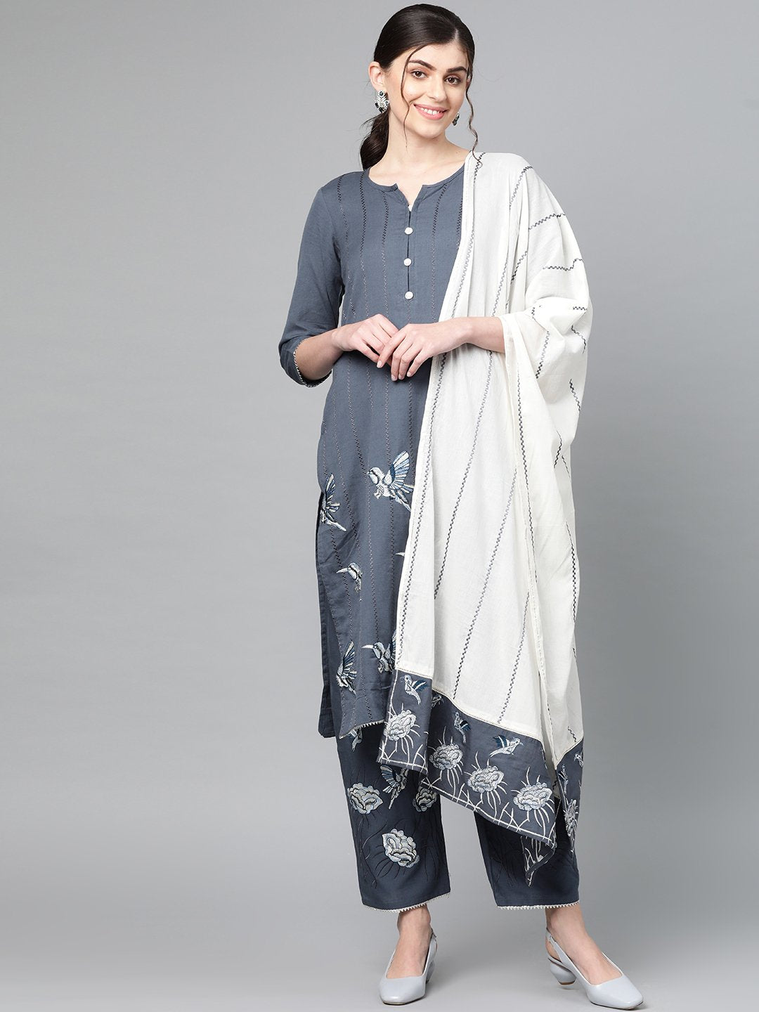 Ishin Women's Cotton Grey Embroidered A-Line Kurta Palazzo Dupatta Set