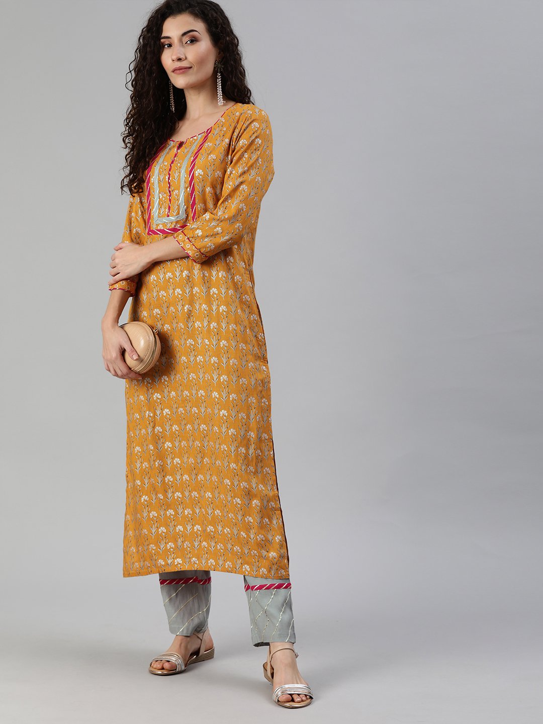 Ishin Women's Yellow Yoke Design A-Line Kurta Trouser Set