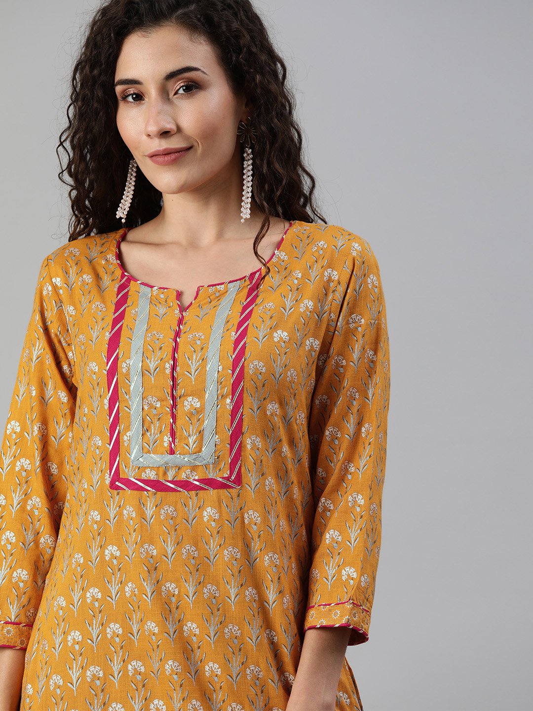 Ishin Women's Yellow Yoke Design A-Line Kurta Trouser Set