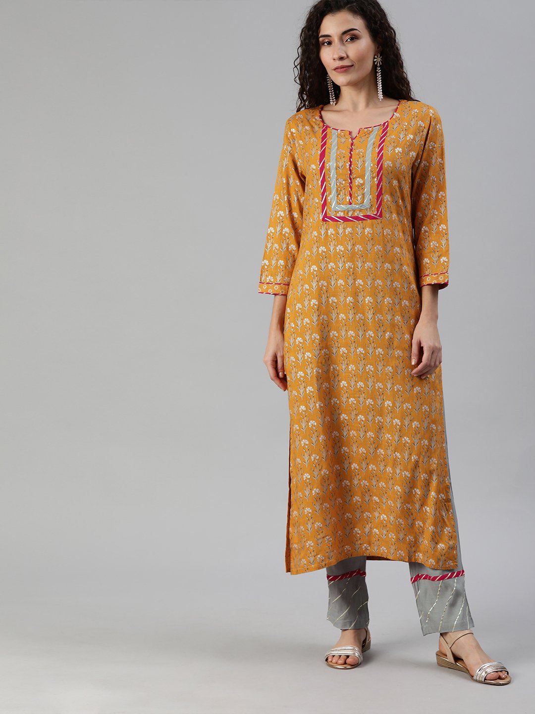 Ishin Women's Yellow Yoke Design A-Line Kurta Trouser Set