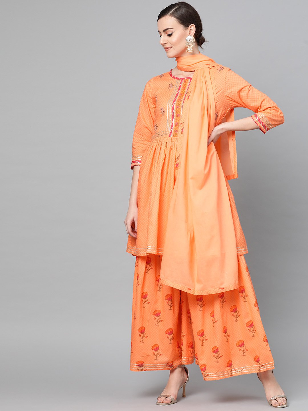 Ishin Women's Cotton Orange Embroidered Anarkali Kurta Sharara Dupatta Set