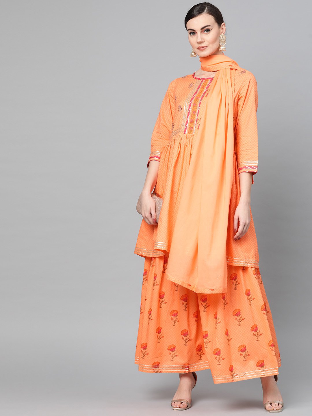 Ishin Women's Cotton Orange Embroidered Anarkali Kurta Sharara Dupatta Set