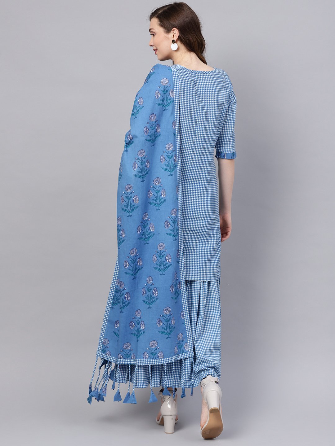 Ishin Women's Cotton Blue Embroidered A-Line Kurta Sharara Dupatta Set