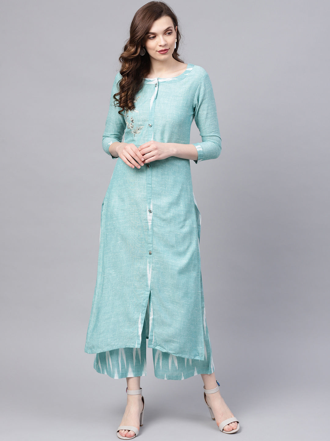 Ishin Women's Cotton Sea Green Embroidered A-Line Kurta Palazzo Set