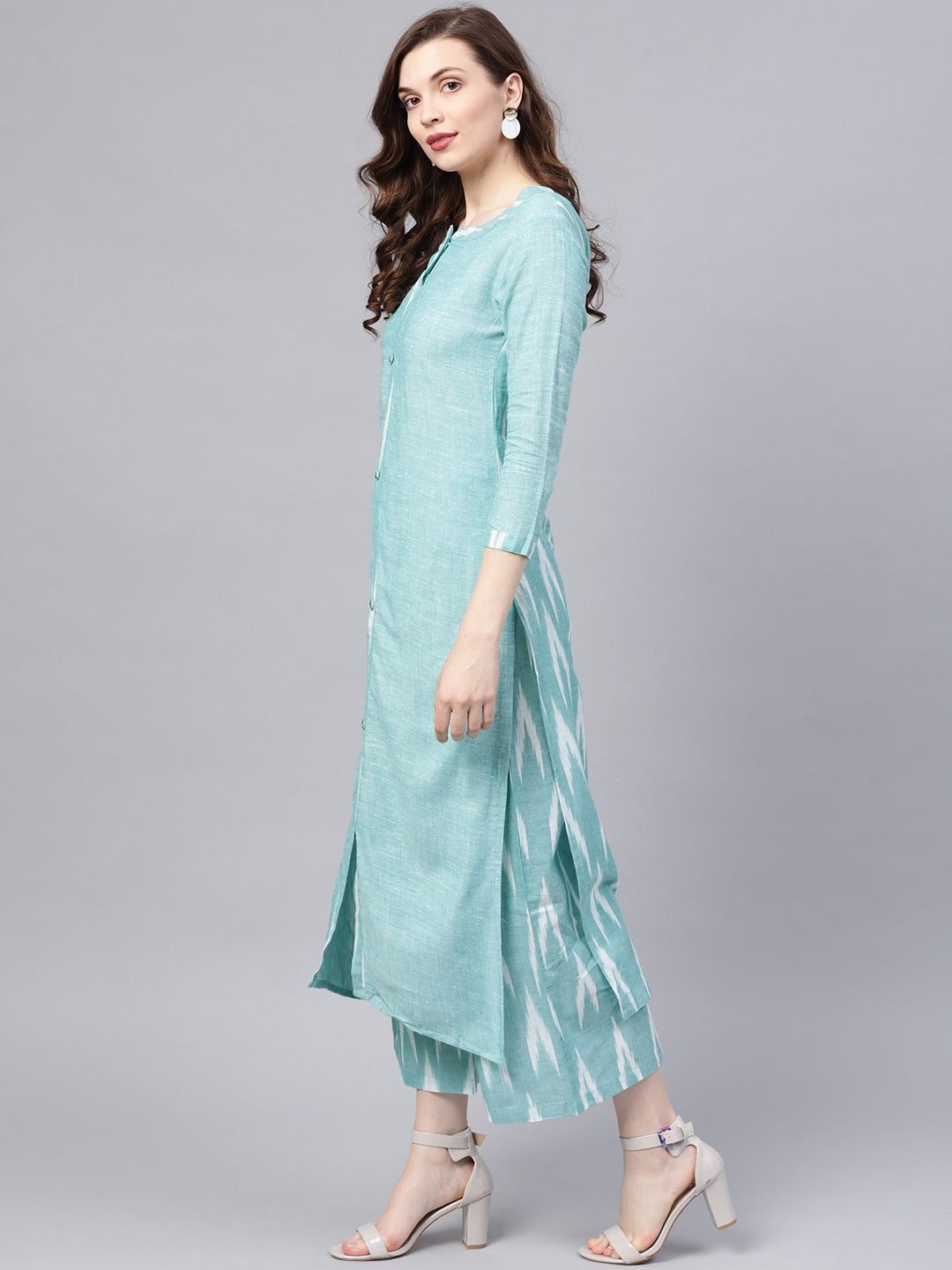 Ishin Women's Cotton Sea Green Embroidered A-Line Kurta Palazzo Set